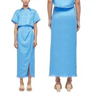 NEW Simkhai Quinton Wrap Fringe Trim Midi Pacific Blue Skirt Size: XS